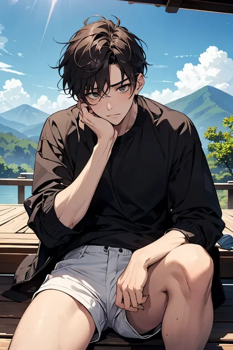 Adult Male　30 years old　handsome guys　short hair　dark haired　　　whiteｔshirt　　White Shorts　白のknee-length shorts　　their crotch is huge when they break their knees and open their legs　Groping the crotch　Look up a little and look embarrassed　　summer resort　 Pla...