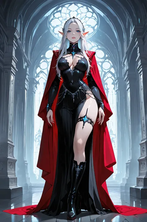 aidmaMJ6.1,femillustration,portrait of an elf maiden serving in a cyber futuristic elf temple (Masterpiece, best quality), ultra feminine, with a long curvy hair, light color hair, blue eyes, ((beautiful delicate face)), Ultra Detailed Face, red cloak, wea...