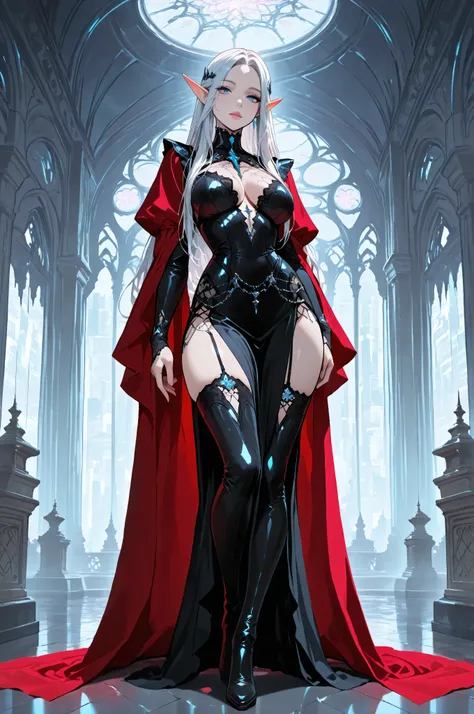 aidmaMJ6.1,femillustration,portrait of an elf maiden serving in a cyber futuristic elf temple (Masterpiece, best quality), ultra feminine, with a long curvy hair, light color hair, blue eyes, ((beautiful delicate face)), Ultra Detailed Face, red cloak, wea...
