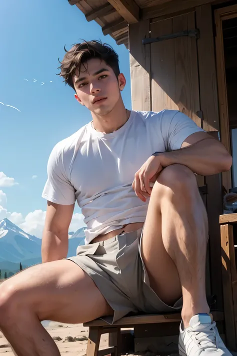 Adult Male　30 years old　handsome guys　short hair　dark haired　　　whiteｔshirt　　White Shorts　白のknee-length shorts　　My crotch is itchy when I break my knee and open my leg　Itchy groin　Look slightly upward and look vulgar　　summer resort　 Plateau　　the background ...