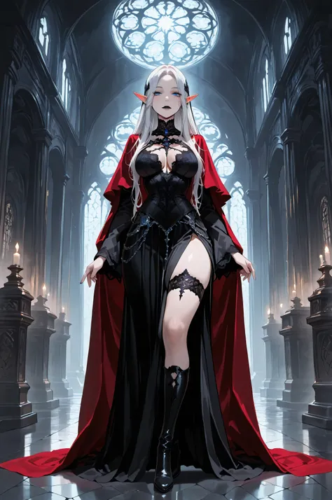aidmaMJ6.1,femillustration,portrait of an elf maiden serving in a goth elf temple (Masterpiece, best quality), ultra feminine, with a long curvy hair, light color hair, blue eyes, ((beautiful delicate face)), Ultra Detailed Face, red cloak, wearing an intr...