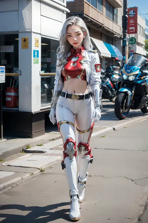 suit,SPD,1girl, full body, Illustration, cinematic light, high resolution, best quality, ultra detailed, masterpiece, power suit, powerranger, suit, spd, (Silver and Gold chestplate), red and gold detail, (((white suit))), ((police theme:1.2))