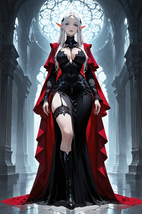 aidmaMJ6.1,femillustration,portrait of an elf maiden serving in a goth elf temple (Masterpiece, best quality), ultra feminine, with a long curvy hair, light color hair, blue eyes, ((beautiful delicate face)), Ultra Detailed Face, red cloak, wearing an intr...