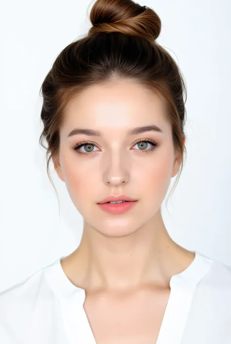 front profile photo, hair is tightly tied in a hairbun, no strand hair, , , bright front lighting on her face, no shadows on her face, she is facing forward, she is facing the camera, symmetrical face