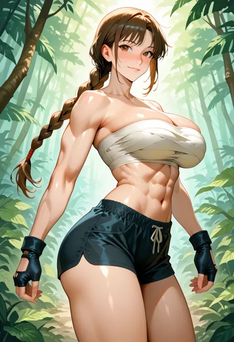 score_9, score_8_up, score_7_up,  source_anime,  BREAK, 1 girl,   , brown hair, brown eyes,, large breasts,,  light  smile, looking at viewer,, jungle, fingerless gloves, single braid , female character with a powerful, defined physique, featuring prominen...