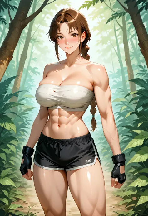 score_9, score_8_up, score_7_up,  source_anime,  BREAK, 1 girl,   , brown hair, brown eyes,, large breasts,,  light  smile, looking at viewer,, jungle, fingerless gloves, single braid , female character with a powerful, defined physique, featuring prominen...