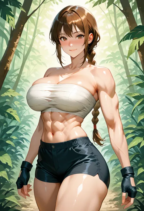 score_9, score_8_up, score_7_up, source_anime, BREAK, 1 girl, , brown hair, brown eyes,, large breasts,, light smile, looking at viewer,, jungle, fingerless gloves, single braid , female character with a powerful, defined physique, featuring prominen...