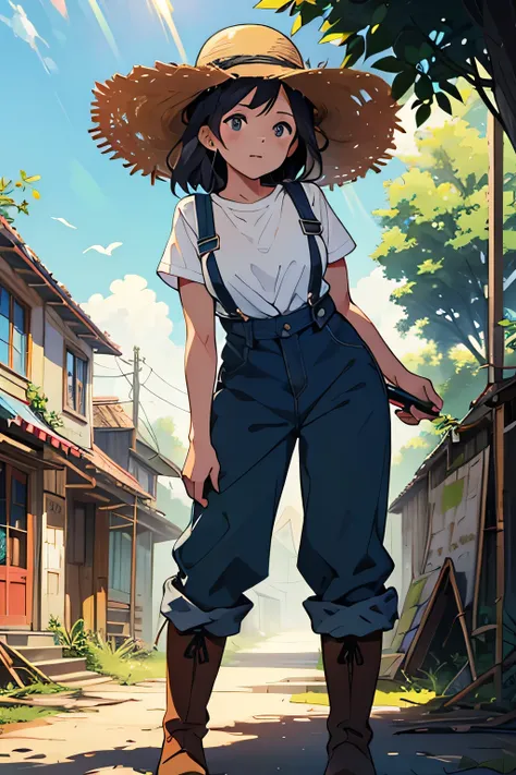 animation、high resolution、high image quality、one woman between stores、Pruning a tree that only grows once、Straw Hat、overalls、Large Pruning Shears、white t-shirt、Boots、Abandoned Town、strong sunlight、the wind is blowing、