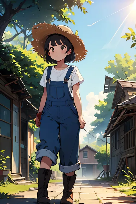 animation、high resolution、high image quality、one woman between stores、Pruning a tree that only grows once、Straw Hat、overalls、Large Pruning Shears、white t-shirt、Boots、Abandoned Town、strong sunlight、the wind is blowing、