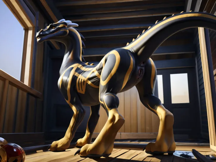 Dragon Booster Beau, female feral solo , highest quality, extremely detailed, 4k, full body, masterpiece, detailed face, perfect genitals, dynamic pose, Beau standing on 4 legs, butt facing to viewer, blushing, wet pussy, looking at viewer seductive, rais...