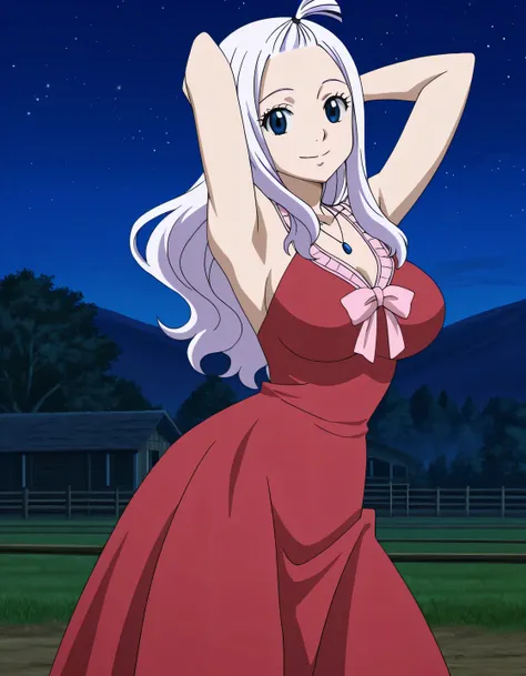 mirajane strauss, long hair, blue eyes, white hair, forehead, mature female, breasts, anime screencap, dress, bare shoulders, jewelry, necklace, red dress, ribbon, pink ribbon, anime screencap, high quality, alone, farm, night sky, arms behind head, ((cont...