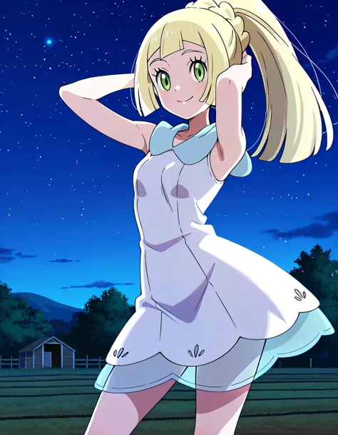 lillie (pokemon), long hair, ponytail, braid, blunt bangs, green eyes, white dress, sundress, sleeveless dress, white kneehighs, anime screencap, high quality, alone, farm, night sky, arms behind head, ((contrapposto)), closed mouth, full shot, looking at ...