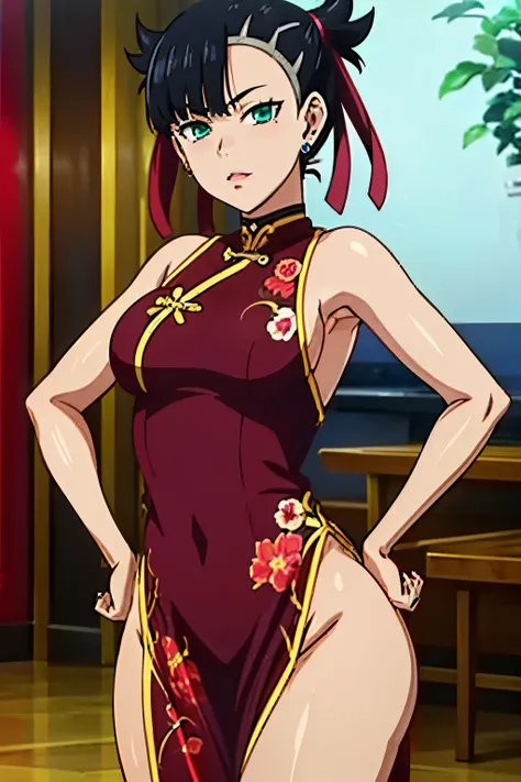 (kakegurui anime style:1.2), Marnie Pokemon, Marnie \(Pokemon\), blue-green eyes, green eyes, black hair, medium hair, asymmetrical bangs, black choker, red hair ribbon, earrings, black nail polish, medium breasted, (masterpiece, highest quality, highly de...