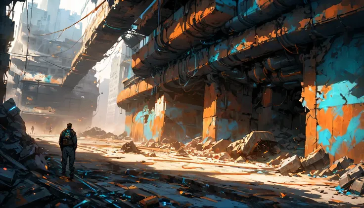 Create a Cyberpunk middle-aged man with a pale face and long dark hair who walks quickly in the foreground with his head up. A chain with a pendant hangs on his chest. He has shoes on his feet. Scene: Sci-fi futuristic scene, long old damaged subway tunel ...