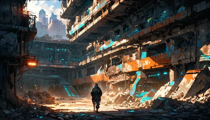 Create a Cyberpunk middle-aged man with a pale face and long dark hair who walks quickly in the foreground with his head up. A chain with a pendant hangs on his chest. He has shoes on his feet. Scene: Sci-fi futuristic scene, long old damaged subway tunel ...