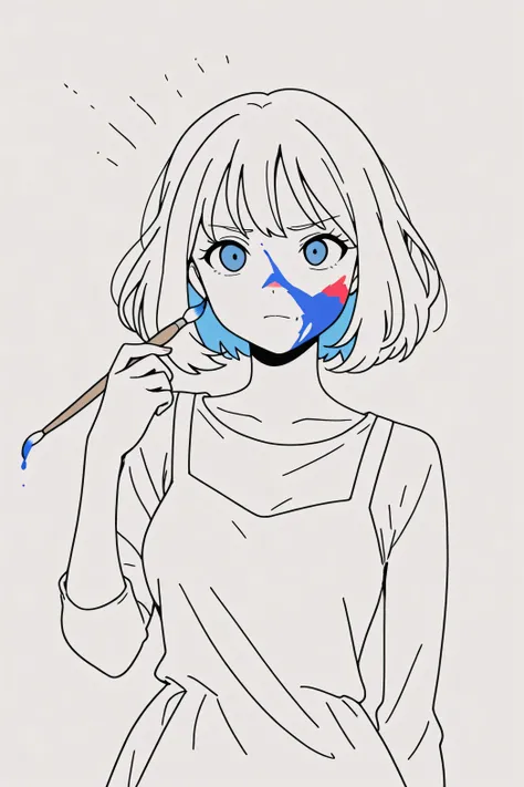 1 girl, anime, simple coloring, clear lines, pose/ paints herself with a brush, paints her face with a paint brush, png, no color, just a line, sharp rough line