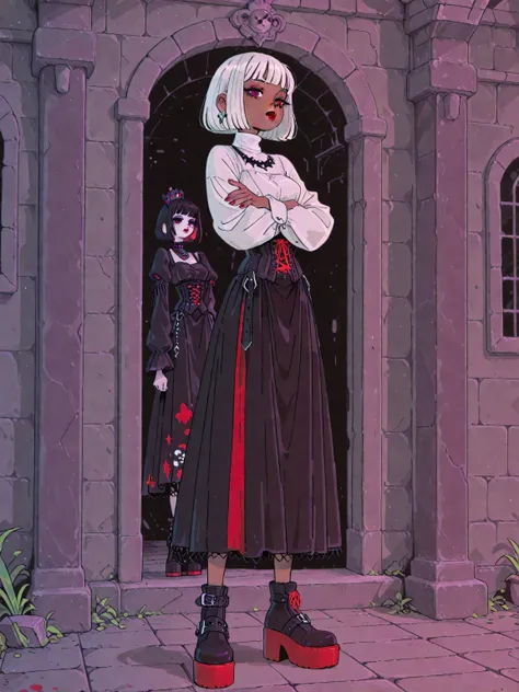 ((lFULL BODY)) chica dark skin , white hair cut bob, thick lips with red lipstick , clothing goth , turtleneck blouse, corset, crossed arms, standing fondo: castle