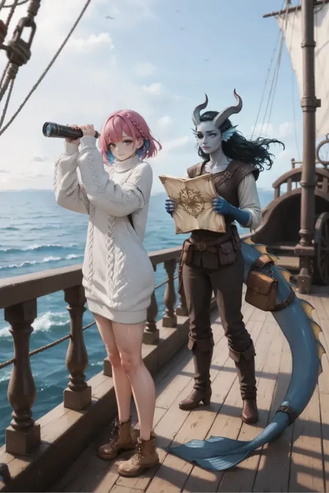 Two girls stand side by side on the same plane, a step away on deck: In the foreground is l0zy,l0zy_outfit,pink hair, short bob, blue inner hair, blue small braid on left side, right side bangs slightly longer without braid,purple eyes, wearing an oversize...