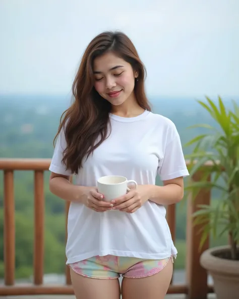 indogirl, casual candid photo, taken with a smartphone, natural morning vibe. She wears a loose white cotton t-shirt and pastel shorts, standing on an outdoor terrace holding a warm cup with both hands, smiling softly in a relaxed, unposed way. Her long da...