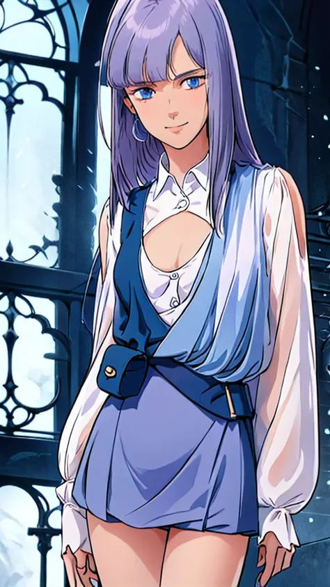  Lou Luca, 1 girl, light purple hair, blue eyes, long hair, Bang, BIG BREASTS,gothic school uniform, length to thigh, gentle smile, standing, gothic architecture, from the front, watch viewers, masterpiece, 4K, Highest Quality, HDR, small chest,Barefoot