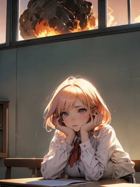 inside school classroom,  2 girl, big window, An unusually red sky, A huge, burning meteorite is falling, sad face, lots of tears,