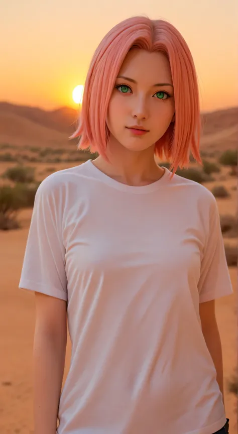 1girl, solo,haruno sakura,emerald eyes,pink hair,short hair,outdoors,potrait,small breast,nature, standing on desert dam,sidelocks,(sunset lighting:1.5),red sunset,looking at viewer, front view,close up,black glove,(desert hill background background:1.5),c...