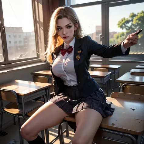 I'm in an abandoned classroom at midnight,Turn-of-the-century scenery，long-haired woman，Can you draw in a blazer school uniform costume，，Big Breasts，the classroom is also overgrown with plants、can you delicately draw a woman fighting large mutant insects l...