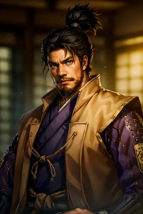 (Matthew Peace, Highest Quality:1.2), Cowboy Shot, solo, focus on men, 1 person, Samurai painted in oil, watch viewers, long black hair, dark eyes:1.2, ((Haori)),((Enhanced Body)),((((Keen Eyes)))),warrior:1.2,Japanese Kimono,Japanese sword,sidemap,beard,D...