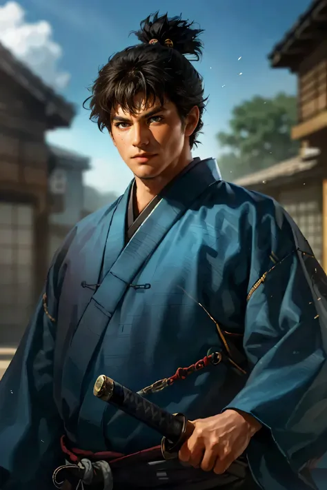 (Matthew Peace, Highest Quality:1.2), Cowboy Shot, solo, focus on men, 1 person, Samurai painted in oil, watch viewers, long black hair, dark eyes:1.2, ((Haori)),((Enhanced Body)),((((Keen Eyes)))),warrior:1.2,Japanese Kimono,Japanese sword,sidemap,Distant...