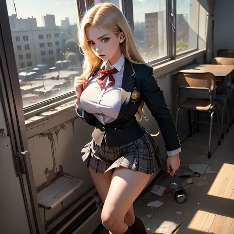 I'm in an abandoned classroom at midnight,Turn-of-the-century scenery，long-haired woman，Can you draw in a blazer school uniform costume，，Big Breasts，the classroom is also overgrown with plants、can you delicately draw women fighting large mutant insects lar...