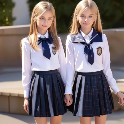 European girls,blue eyes,blonde long hair,10 years old,Black and white school uniform ,pleated skirt,