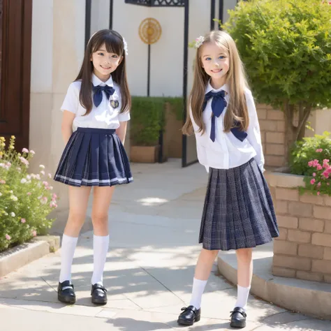 European girls,blue eyes,blonde long hair,10 years old,Black and white school uniform ,pleated skirt,