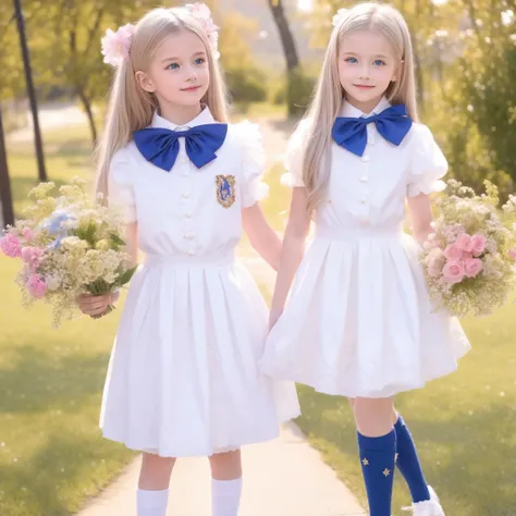 European girls,blue eyes,blonde long hair,10 years old,school uniform,pleated skirt,Frills and Bow Decorations:1.0,puff sleeve,Ruffled Sleeves,Ruffled Skirt,
