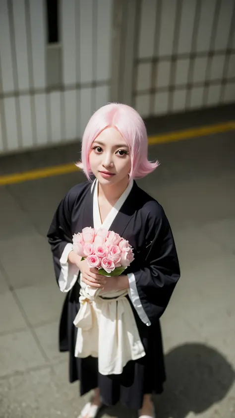Hyper realistic and ultra detailed half-body portrait of Yachiru Kusajishi from Bleach, a small girl with short pink hair and bright playful eyes, wearing a black Shinigami uniform with white haori draped loosely, her expression cheerful and mischievous, s...