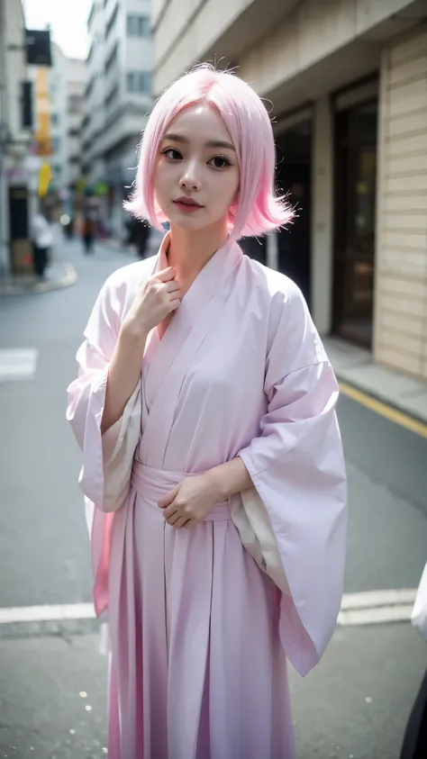 Hyper realistic and ultra detailed half-body portrait of Yachiru Kusajishi from Bleach, a small girl with short pink hair and bright playful eyes, wearing a black Shinigami uniform with white haori draped loosely, her expression cheerful and mischievous, s...