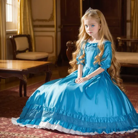 Full Body:1.0,European princess girls,blue eyes,blonde long hair,10 years old,Silk Satin Princess Dress,
