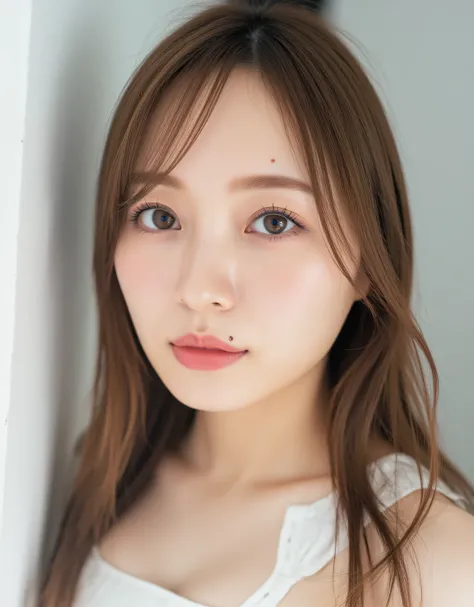 1girl, cute face, beautiful face, (perfectly detailed face), face focus,((looking at viewer、highlighting the beauty of her collarbone, snow-white and delicate skin, a sweet and elegant expressionlooking sleepily with soft seductive gaze)), Simple Backgroun...
