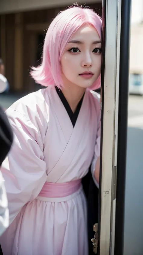 Hyper realistic and ultra detailed half-body portrait of Yachiru Kusajishi from Bleach, a small girl with short pink hair and bright playful eyes, wearing a black Shinigami uniform with white haori draped loosely, her expression cheerful and mischievous, s...