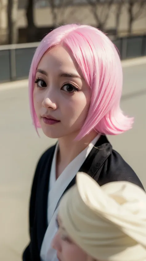 Hyper realistic and ultra detailed half-body portrait of Yachiru Kusajishi from Bleach, a small girl with short pink hair and bright playful eyes, wearing a black Shinigami uniform with white haori draped loosely, her expression cheerful and mischievous, s...