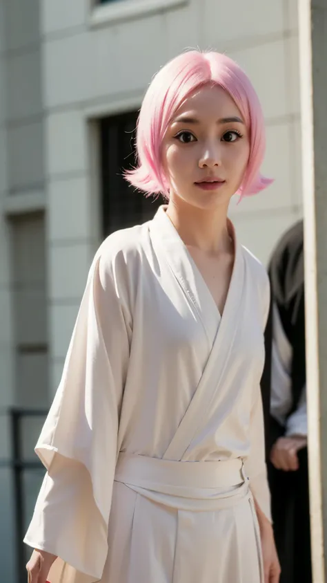 Hyper realistic and ultra detailed half-body portrait of Yachiru Kusajishi from Bleach, a small girl with short pink hair and bright playful eyes, wearing a black Shinigami uniform with white haori draped loosely, her expression cheerful and mischievous, s...