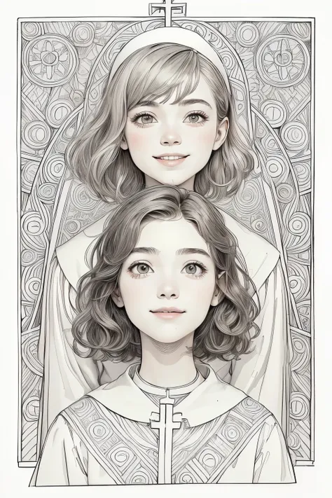 408 (a coloring book), (2Man and woman),((18 year old woman)),((18 year old priest)),((a line drawing for coloring-in)),(short hair),(Shortcut),(Neat hair),(super high image quality at sea level),(Old Church),(Archaic smile),2025.09.19,((geometric pattern)...