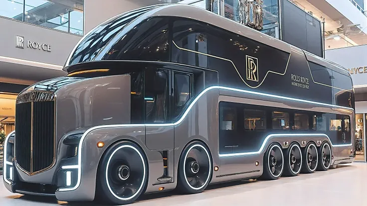 DE_style, A hyper-realistic luxury futuristic motorhome designed in the style of Rolls Royce, displayed in a high-end indoor showroom. The motorhome has a sleek, aerodynamic body with a two-tone metallic deep gray and black finish, featuring smooth, curved...