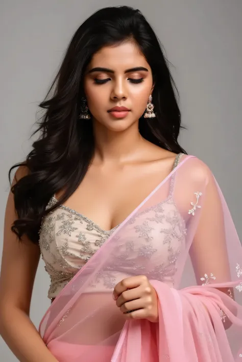 A young women in white and pink designer transparent saree. With strap blouse. (deep cleavage)( big breast) saree taken by one hand. Down eyes, blushing face.
