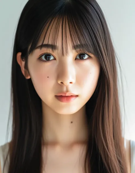 raw photo, reality, ((Staring)), ((Focus on the face)), ((close-up)), front view, Japanese Woman, Smile Yan, ((long hair, dark brown hair color, straight hair)), off shoulder, unedited, live-action, Authentic, cute young girls , Beautifully Reflective Eyes...