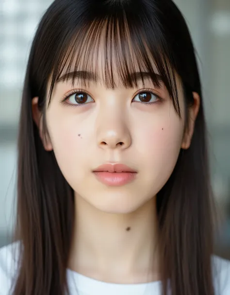 raw photo, reality, ((Staring)), ((Focus on the face)), ((close-up)), front view, Japanese Woman, Smile Yan, ((long hair, dark brown hair color, straight hair)), off shoulder, unedited, live-action, Authentic, cute young girls , Beautifully Reflective Eyes...