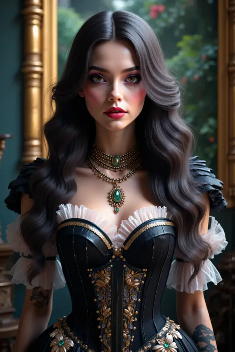 Ethereal gothic portrait of an elegant young woman with renaissance painting qualities: striking porcelain complexion with subtle rosy undertones, dramatically long dark wavy hair cascading past shoulders with professional studio lighting creating silk-lik...