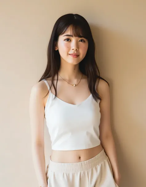 A young woman, probably in her late teens or early twenties, light-skinned, ((bangs, long, wavy, light brown hair)), and neutral skin tone. She is posing confidently, shot from mid-thigh up, with a neutral, serene expression. Looking into the camera. She i...