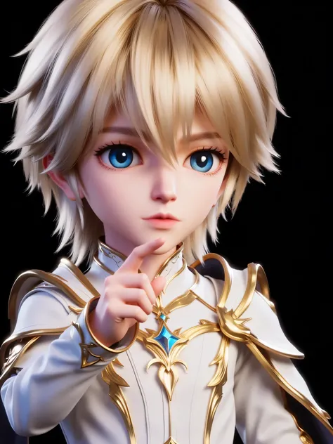 CGI rendering: 3D chibi version of a handsome young man with big blue eyes and shaggy blond hair, good 5 fingers, wearing ornate white clothes with gold armor and shoulder plates. He is speaking or answering a question and making a pointing gesture with h...