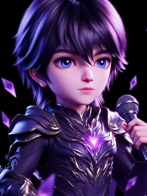 CGI rendering: 3D chibi version of a handsome young man with pale skin and medium-length dark purple hair, wearing ornate black and violet armor with dragon-themed shoulder plates, glowing amethyst accents, and sharp claw-like gauntlets. He is looking to t...