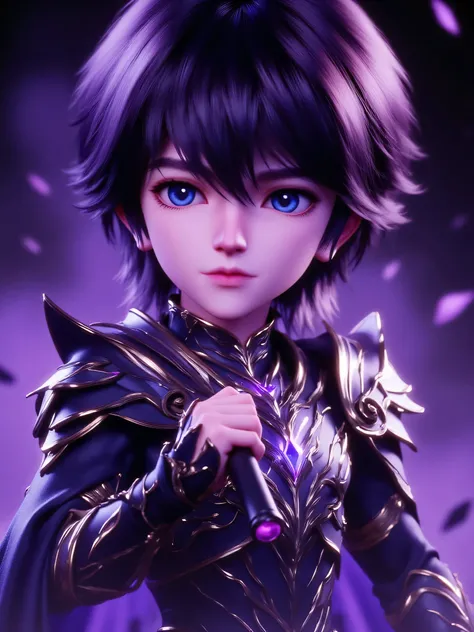 CGI rendering: 3D chibi version of a handsome young man with pale skin and medium-length dark purple hair, wearing ornate black and violet armor with dragon-themed shoulder plates, glowing amethyst accents, and sharp claw-like gauntlets. He is looking to t...
